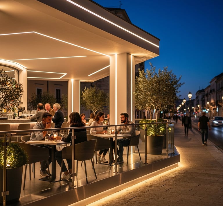 Terraza de restaurante: perfil LED perimetral en suelo para delimitación.