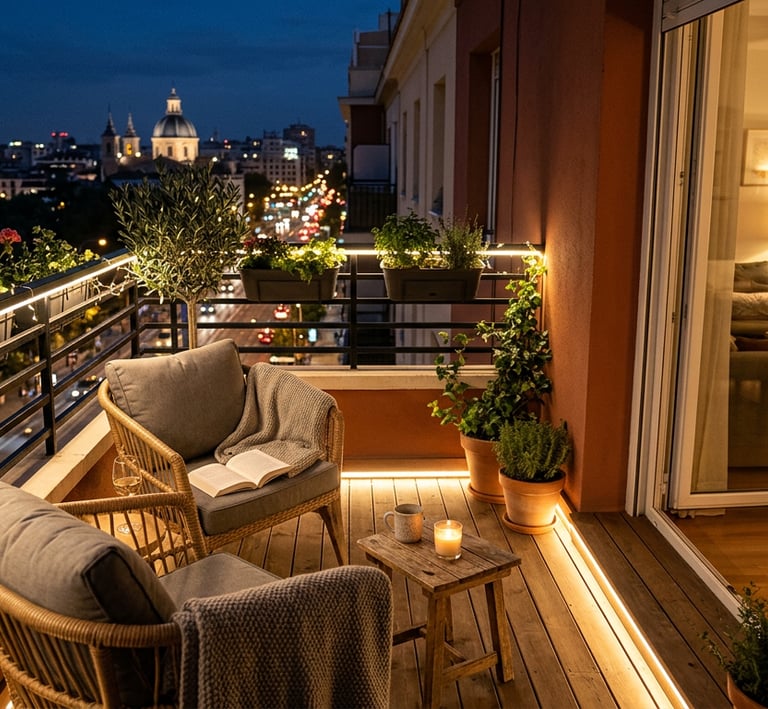 Balcón con iluminación de acento: perfil LED de superficie en el perímetro.