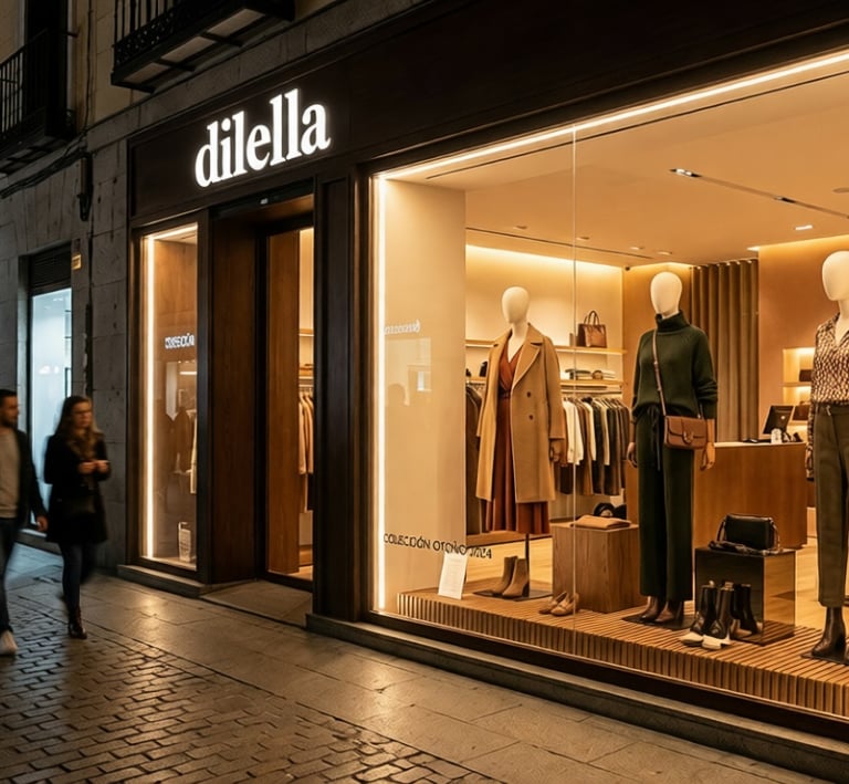 Escaparate Dilella: perfil LED vertical integrado en el marco de la tienda.