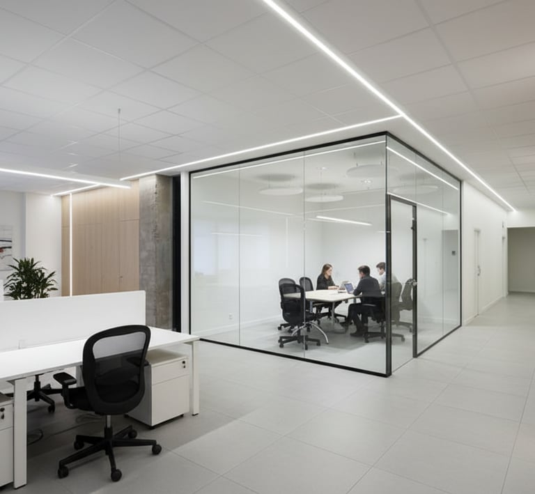 Oficina moderna: líneas de luz continuas empotradas en techo técnico.