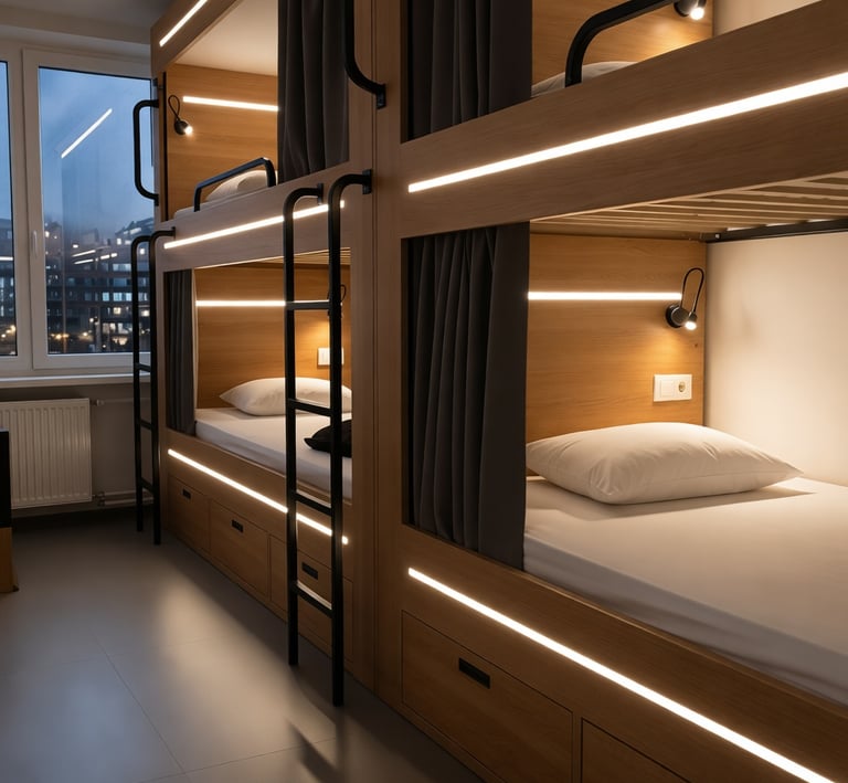 Solución contract: perfil LED integrado en estructura de madera para hostal.