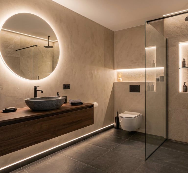 Baño de microcemento: espejo redondo retroiluminado y luz lineal bajo mueble.