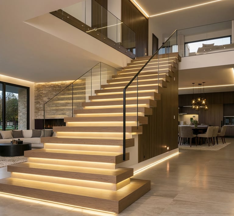 Escalera con peldaños de madera e iluminación LED integrada bajo el peldaño.