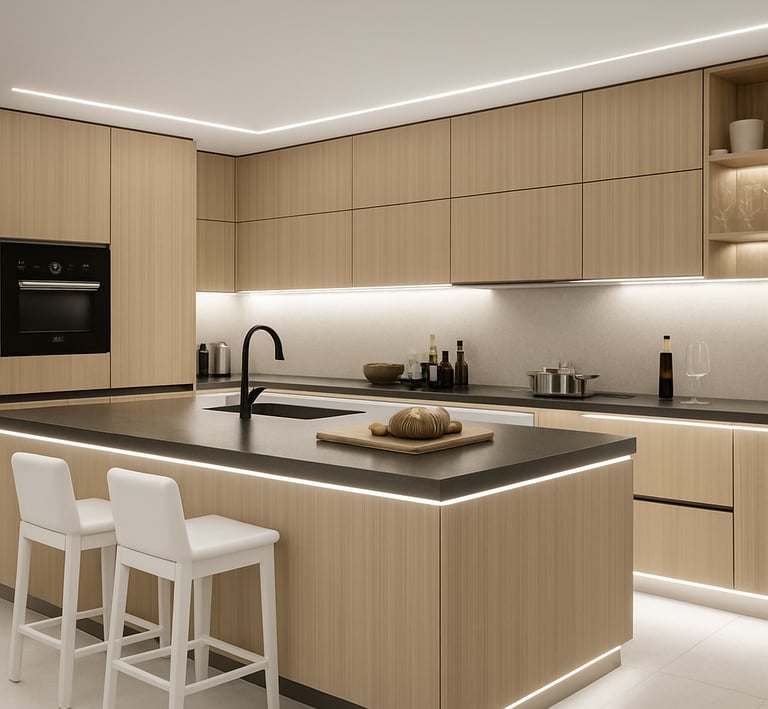 Isla de cocina con luz LED perimetral en zócalo y efecto flotante moderno.