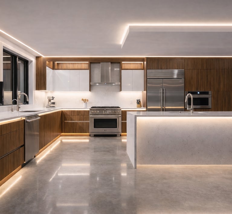 Iluminación lineal en gran cocina con perfiles LED integrados en techos.