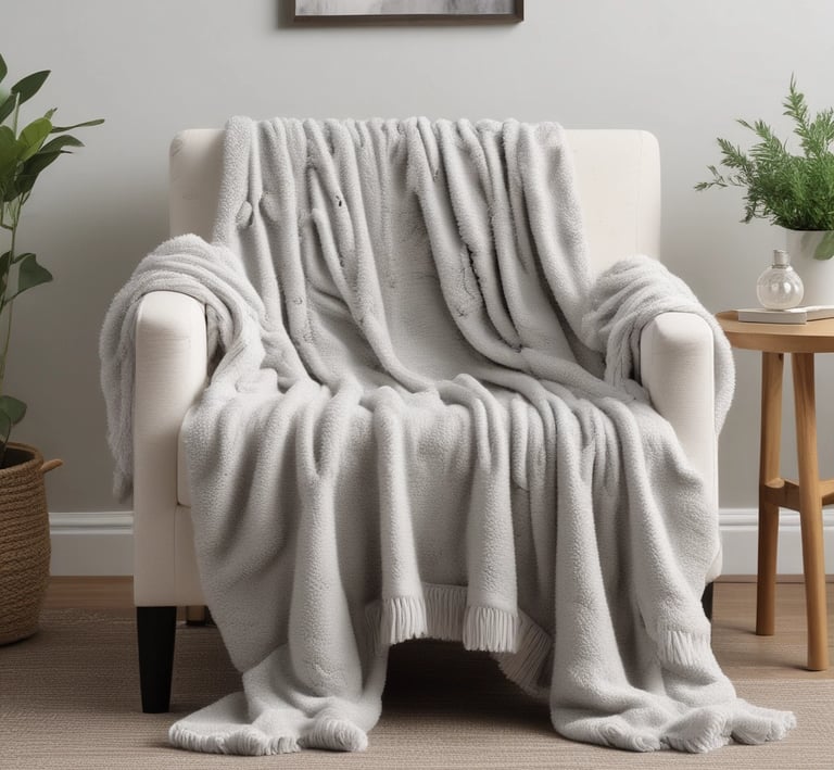 Close-up of textured cushions and a knitted throw layered on a modern sofa with soft natural light.