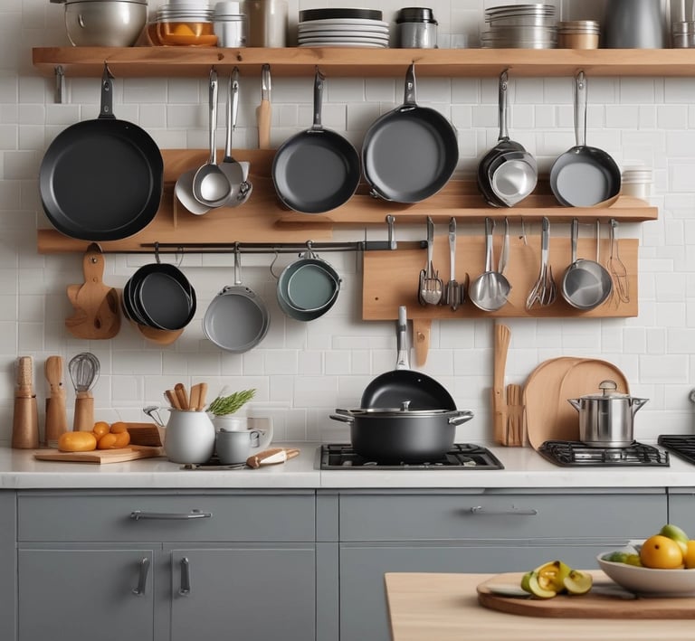 A neatly arranged kitchen counter displaying colorful ceramic bowls and wooden utensils ready for cooking.