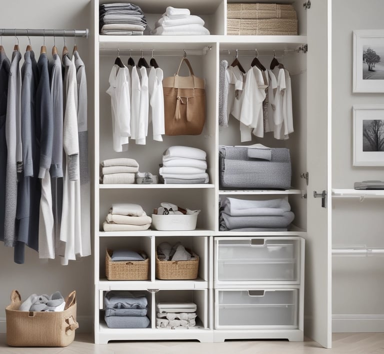 A minimalist shelf showcasing tasteful home décor items like candles, small plants, and framed art.