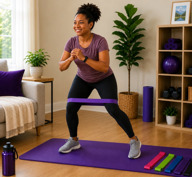 woman performing resistance band lateral walks with a loop resistance band in a bright home workout