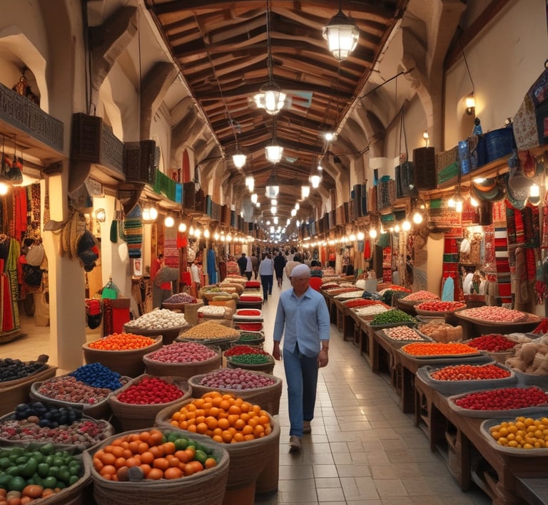 a man walking down a street in a market