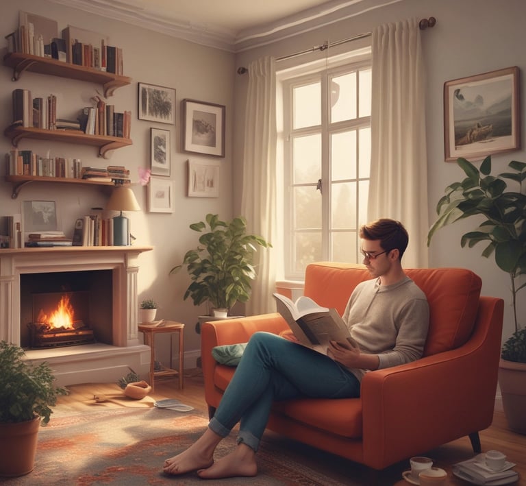 A person is lying on a bed, leaning on the mattress with a relaxed expression. The individual is wearing patterned pajamas. The room has a modern style with a wooden headboard and curtains partially open to reveal a window. The mattress is branded 'The Sleep Company' and has a textured blue and white top.