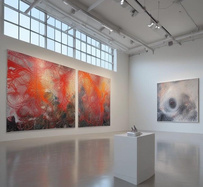 An art gallery features a richly decorated interior with blue walls adorned with classical paintings. The space has a polished wooden floor, and the lighting highlights the artworks. Two individuals are observed near the center, positioned under an archway with a high ceiling, creating a dramatic entrance to the room.