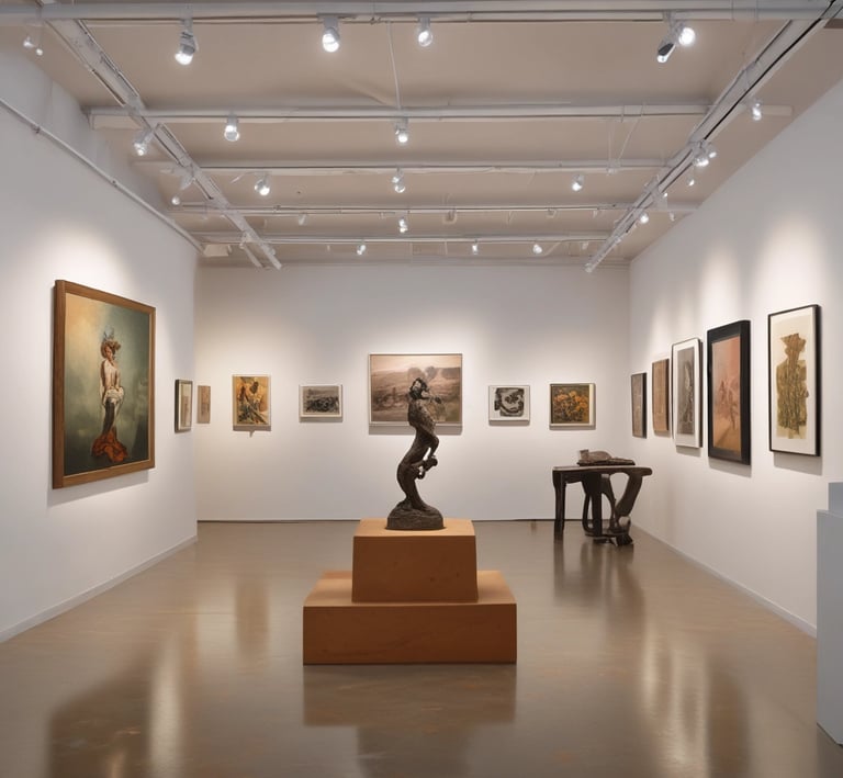 An interior of an art gallery with exposed brick walls and track lighting on the ceiling. There are several colorful abstract paintings on the walls and a red sculpture on a table to the right. The gallery has a large open window with a person visible outside walking.