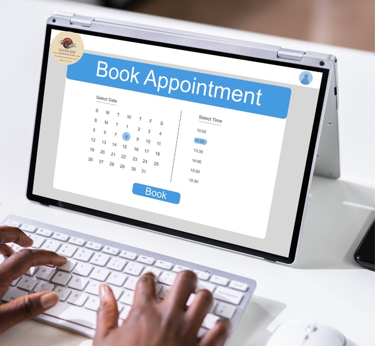 Laptop screen displaying a 'Book Appointment' interface for scheduling business consultations.