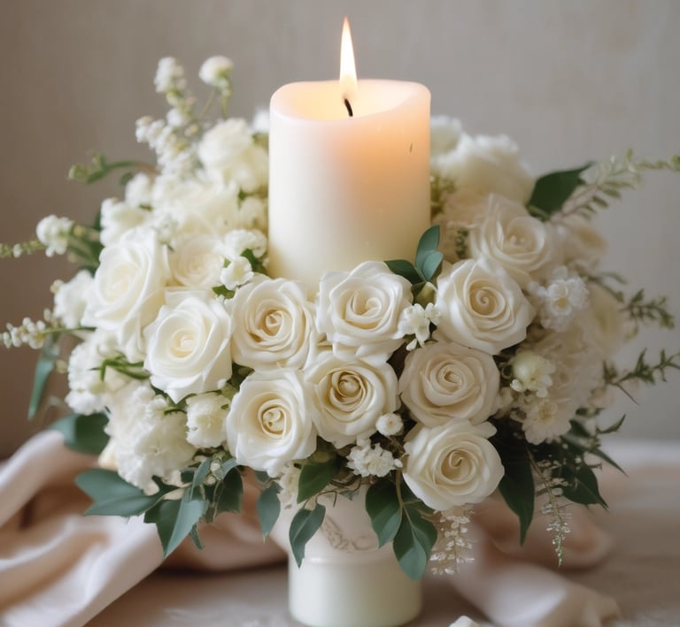 a white pillar candle with flowers bouquet
