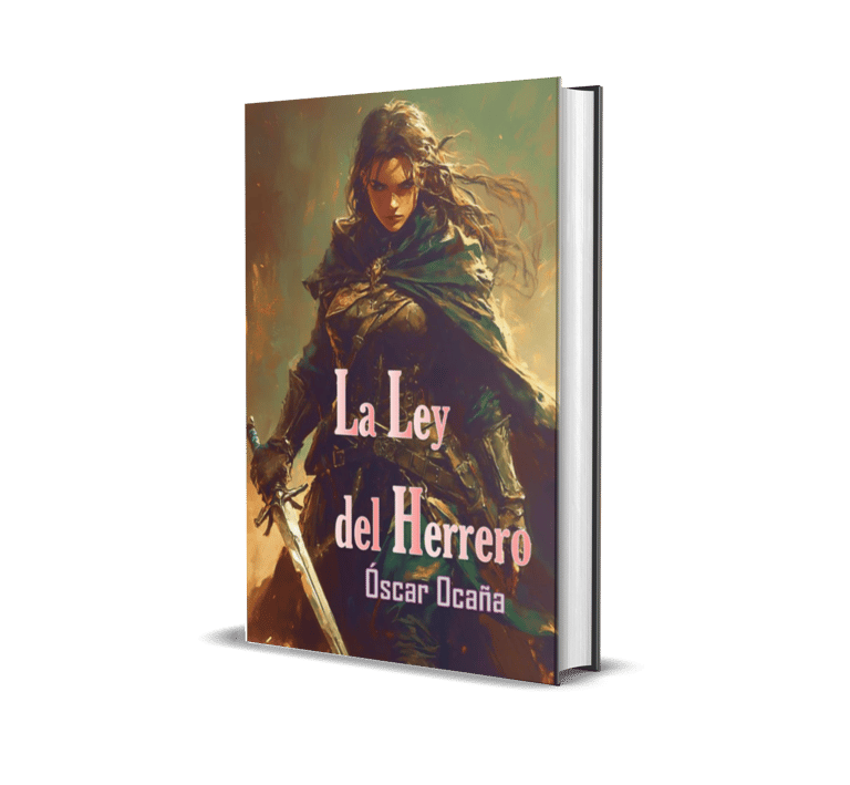Portada de la versión completa de la novela 'La Ley del Herrero' de Óscar Ocaña Parrón. Guerrera con espada y capa