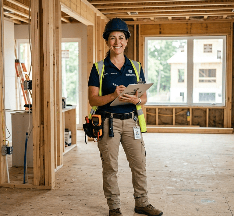 Female building inspector in a hard hat holding a clipboard inside a house under construction.