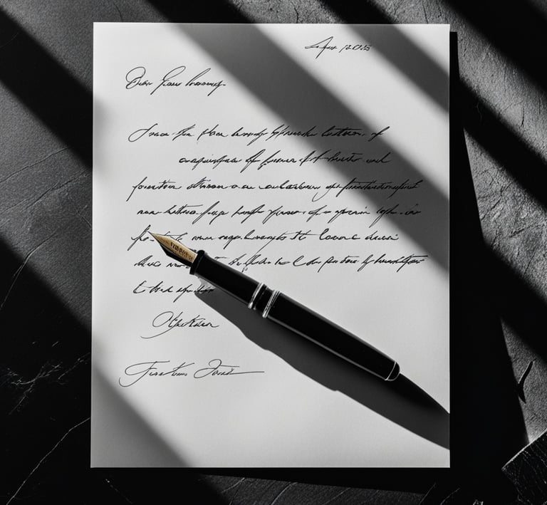 A vintage fountain pen rests on a handwritten letter with elegant cursive calligraphy and dramatic shadows.