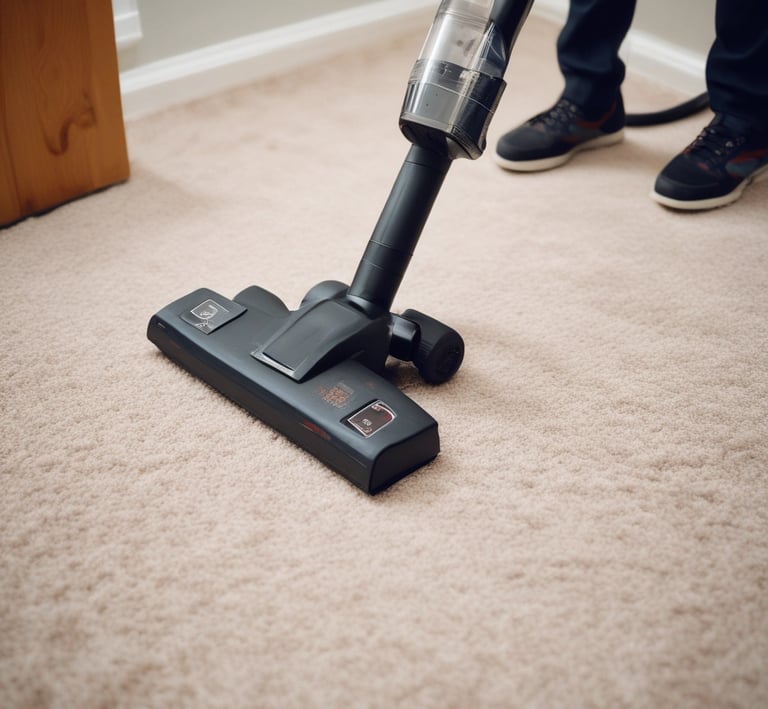 A professional cleaner vacuuming a plush carpet.
