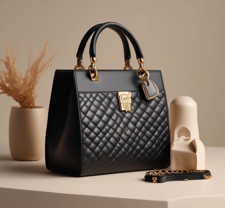 Close-up of a luxurious black quilted handbag with sharp details and cinematic lighting highlighting the texture.