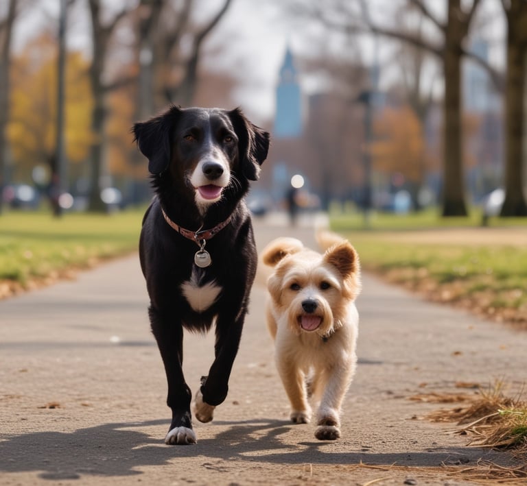 A person walks along a quiet urban street carrying a small dog. The area is surrounded by residential buildings, featuring a mix of architectural styles and mostly neutral colors. A bicycle is parked near a utility pole, and the street is mostly empty.