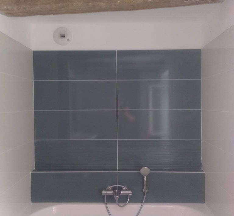 Grande baignoire avec faïences bleu/vert en fond et des retours en beige