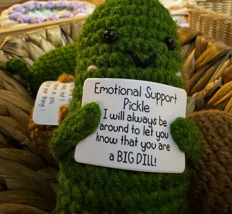 Emotional Support Pickle hand-crocheted by a local vendor
