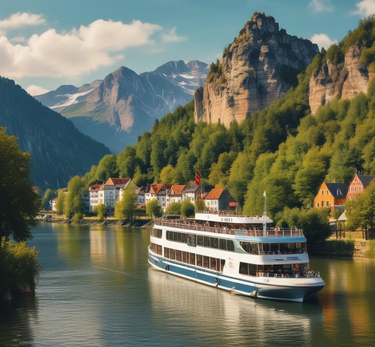 A large cruise ship with a prominent red section on the upper deck and black exhaust funnels. The ship has multiple decks and features the brand name 'Virgin' prominently on the red section. The sky is partly cloudy with patches of blue visible.