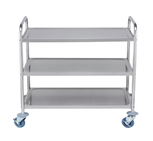 Commercial 3-Tier Stainless Steel Trolley on castor wheels.