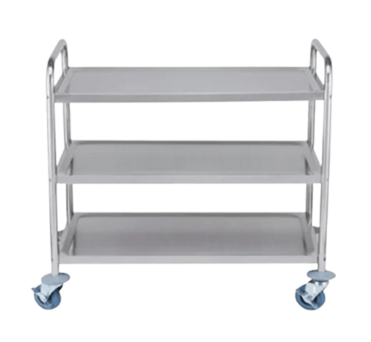 A 3-tier stainless steel trolley with handles and castor wheels on a white background.