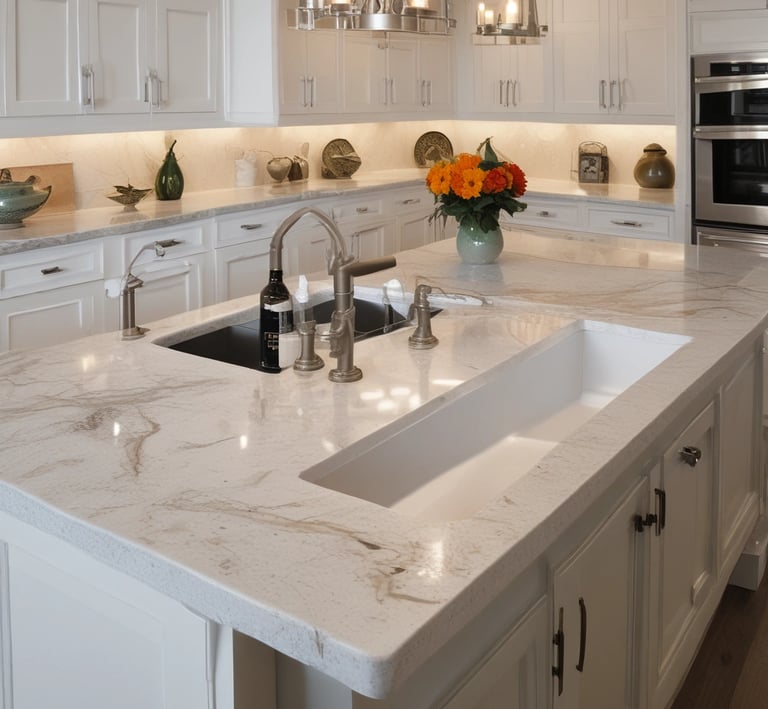 A modern kitchen featuring white cabinetry and a stainless steel stove. The countertops are light-colored, matching the overall bright and clean aesthetic. The flooring is a light wood laminate, which extends into the adjacent dining area. Vertical blinds cover the sliding glass door, allowing natural light to enter.