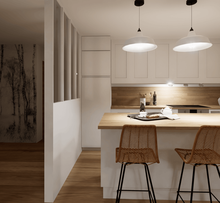 a kitchen with a bar stool and a bar stool