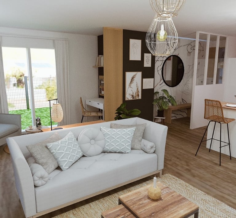 a living room with a couch and a table