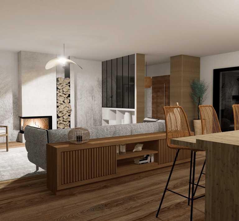 a living room with a couch and a table
