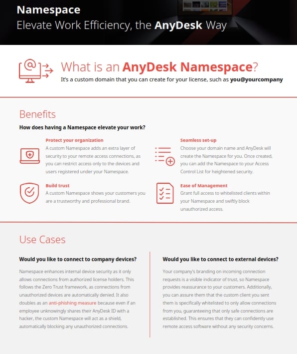 AnyDesk Namespace benefits for secure remote access and custom domain branding from AnyDesk Reseller