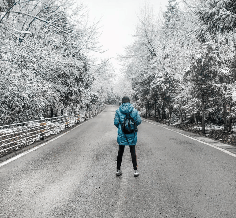 Woman in blue jacket, standing and facing a long icy road. beside the road are rows of ice covered trees.