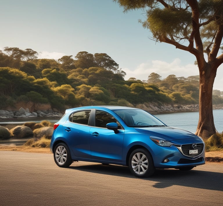 A sleek black luxury sedan parked on a scenic coastal road at sunset.