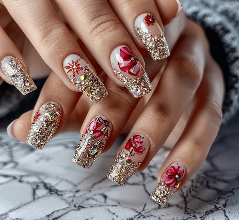 a woman's hand painted nails with a flower design