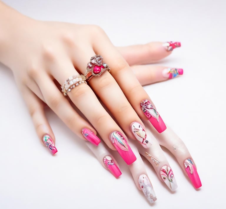 a woman's hand painted nails and a ring