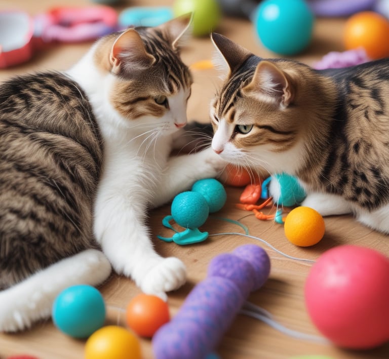 Two tabby cats with distinct patterns sit in the foreground, wearing collars, while a shop filled with pet supplies serves as the backdrop. Various bags and containers are visible, along with price tags and colorful packaging.