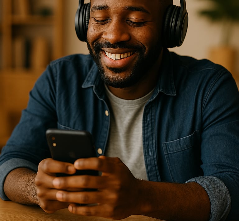 a man wearing headphones and listening to Podcastistening to music