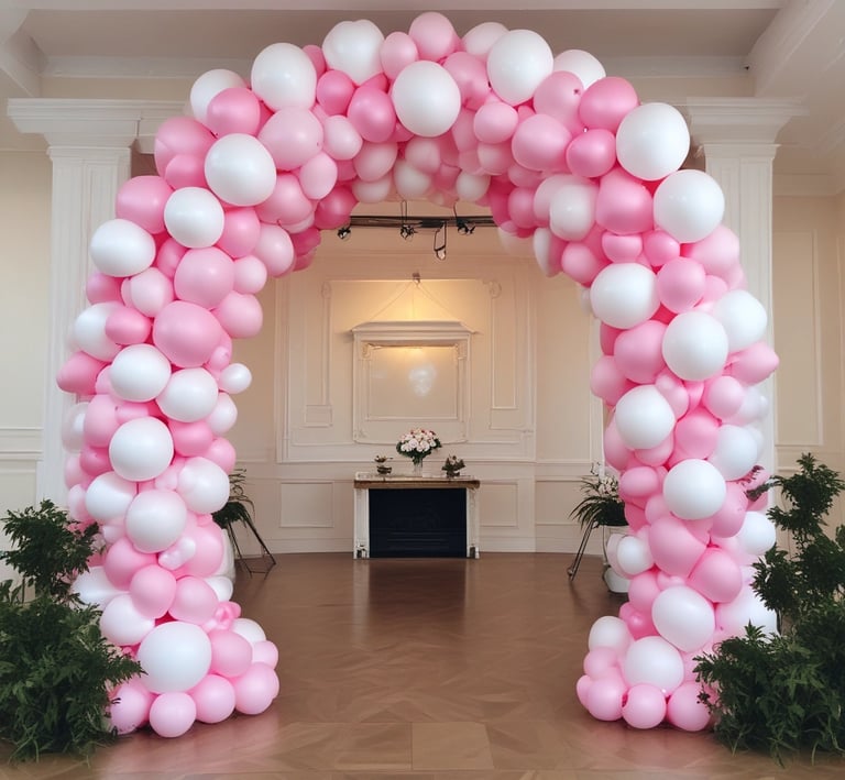 An outdoor event setup features numerous round tables covered with blue and white patterned tablecloths, each surrounded by white folding chairs. String lights are hung above, creating a warm, festive ambiance. Tall palm trees and a stone wall provide a picturesque backdrop, and people can be seen preparing the space.