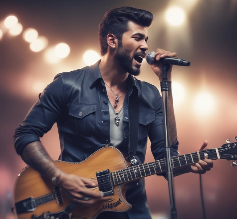 An artist performing passionately with a microphone in hand.