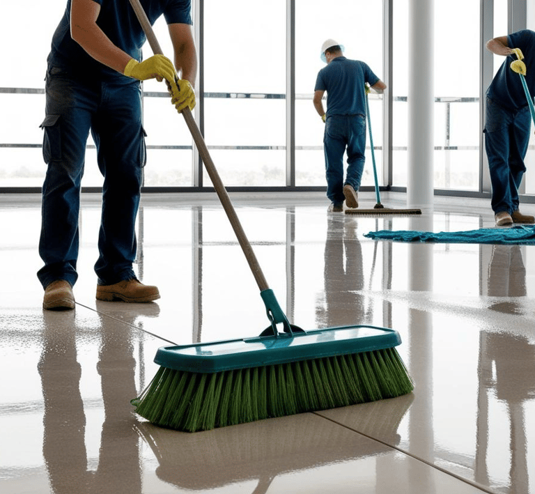 un homme entre de nettoyé avec un balaie