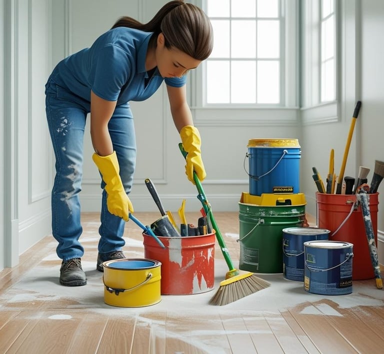 une femme qui fait le nettoyage d'une chambre après travaux
