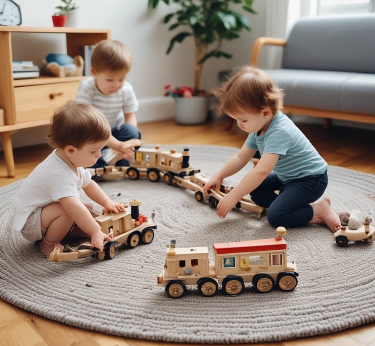 A young child with braided hair adorned with beads engages in an activity while sitting close to an adult. The child wears a colorful, striped dress and is focused intently on something out of view. The background shows soft, blurred colors, adding a gentle ambiance to the scene.