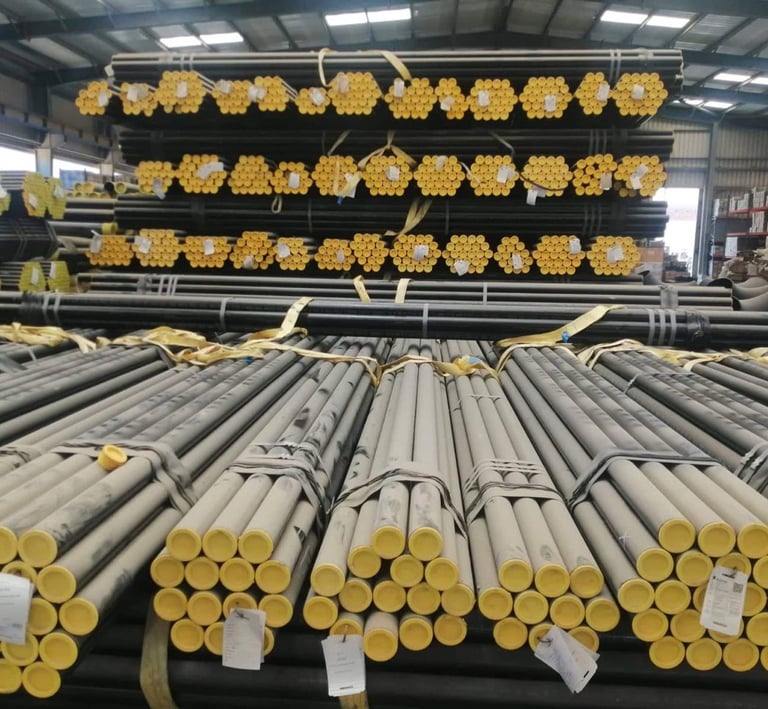 a large amount of pipes and pipes are stacked up in a warehouse