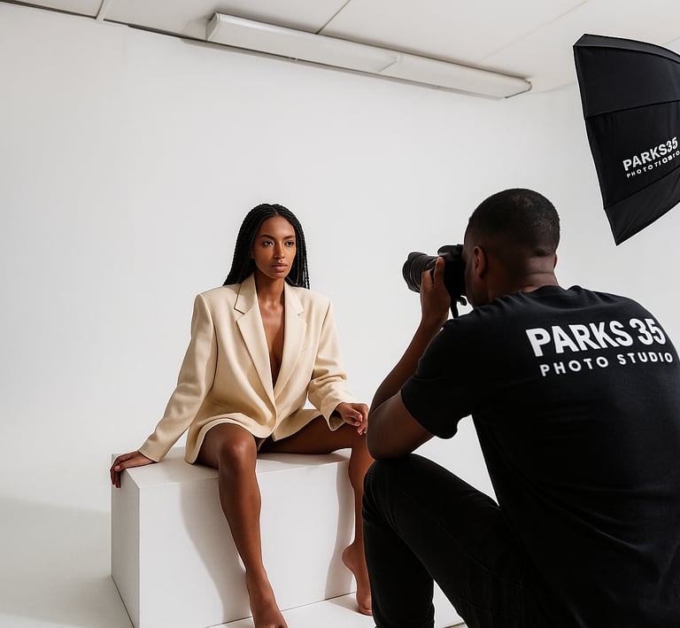 a woman sitting on a white cube in a studio