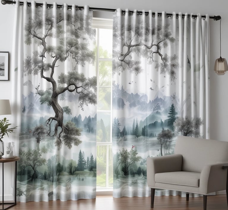 A window with vertical blinds and a single dark curtain partially drawn to the right side. Outside the window, there is a view of dense foliage or trees.