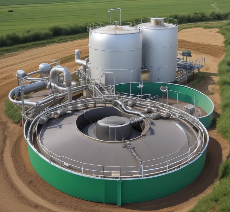 A large white cylindrical tank labeled '550 GAL INDUSTRIAL WASH WATER' sits on a concrete platform. The tank has pipes attached at the top and is surrounded by grass and gravel. Behind the tank, there is a fence and railcars, with some trees visible in the background.